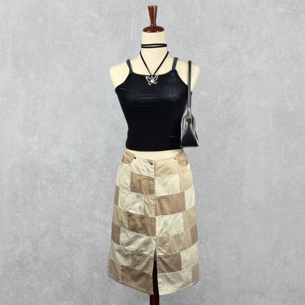Vintage 90s Light Tan Khaki 100% Cotton Patchwork Knee Length Skirt
